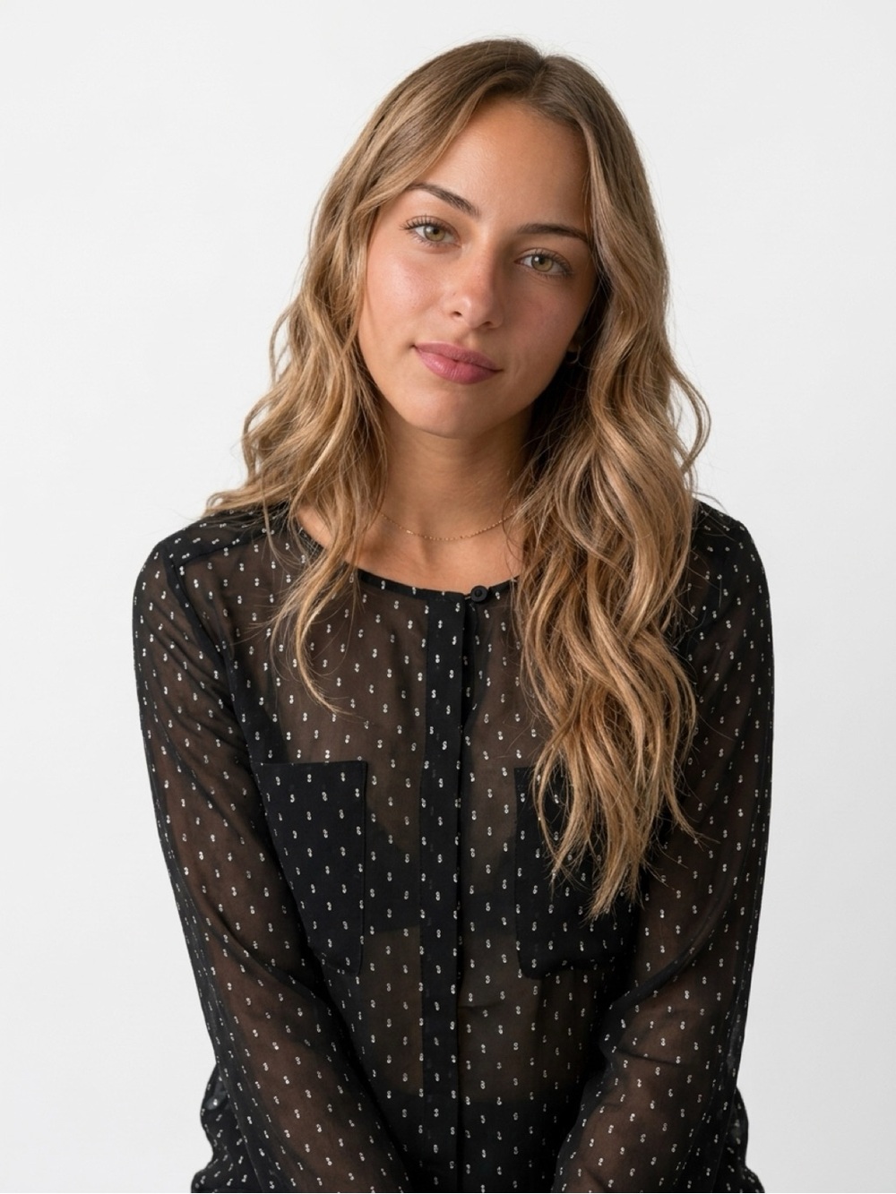 Ann Taylor Black Sheer Blouse with White Micro Dots